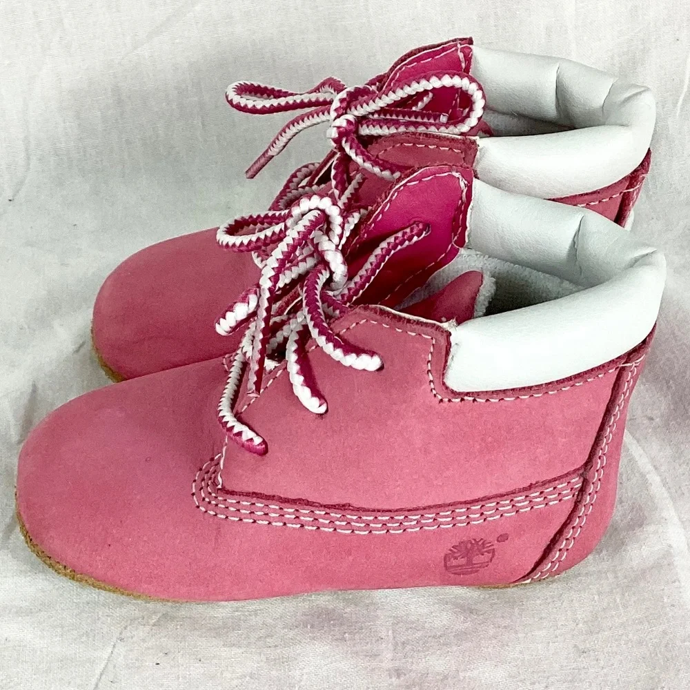 Timberland Suede Infant Baby Soft Crib Shoes Size 2 Pink White Booties